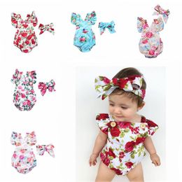 Girls Designer Clothes Baby Summer Floral Clothing Sets Kids Flowers Printed Rompers Headband Suits Infant Bodysuits Headwear Climbing Clothes Headdress BC339