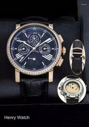 Wristwatches Mens Mechanical Watch Rose Gold Automatic Dual Time Blue Leather Diamond