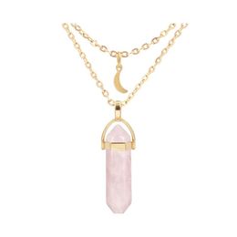 car dvr Pendant Necklaces Natural Stone Chakra Reiki Healing Moon Charm Hexagonal Opal Amethysts Rose Quartz Crystal Pendum Necklace Drop De Dh4Mu