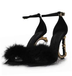 Italy Designers Women Keira Sandals Shoes Barocco-Heel Feather Ankle-Strap Polished Black Calfskin Soft Feather High Heels Party Wedding Sandalias 35-43