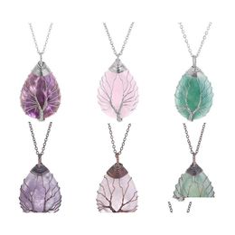 car dvr Pendant Necklaces Wire Wrapped Tree Of Life Chakra Waterdrop Healing Crystal Energy Stone Quartz Fashion Women Men Jewelry Wholesale Dhk8R