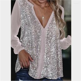 Women's Blouses Ladies Sequined Long Sleeve V-Neck Slim Pullover Shirt Spring And Autumn Home Fashion Casual T-Shirt