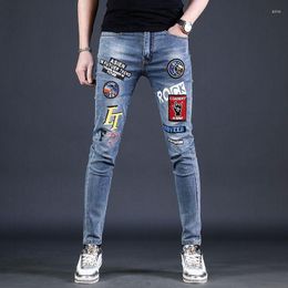 Men's Jeans Harajuku Spring Autumn Washed Blue Stretch Pattern Printed Original Skinny Long Stylish Denim Pants For Men