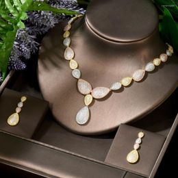 Necklace Earrings Set HIBRIDE Water Drop Shape 2pcs Earring 3 Tones Cubiz Zirconia Women Bridal Jewellery Nigeria Wedding N-1808