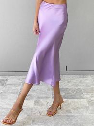 Restve Casual Women High Waisted Long Skirt Purple Satin Office Ladies Elegant s Solid Silk Midi Spring Summer 230301
