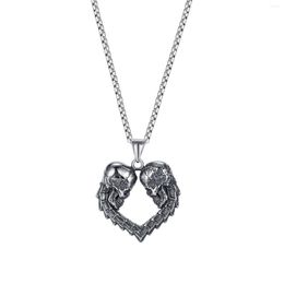 Pendant Necklaces Vintage Double Skull Heart Skeleton Stainless Steel Chain With 24Inch For Men Retro Punk Jewelry