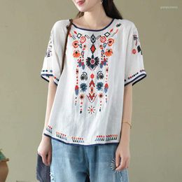 Women's Blouses Women Clothes Linen Embroidery Vintage Blouse Shirt Summer Cotton High Quality Ladies Tops Casual White