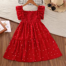 Girl Dresses Mengoqq Pretty Princess Summer Sleeve Ruched Red Dot Knee-length Dress Children Kids Girls Cute Clothing 5-12Y