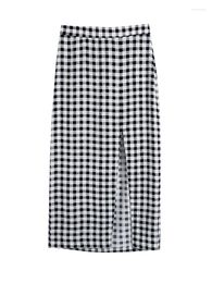 Skirts Womens 2023 Fashion Women Clothing Casual Black White Gingham Cheque Skirt High Waist Front Slit Sexy Pencil Midi