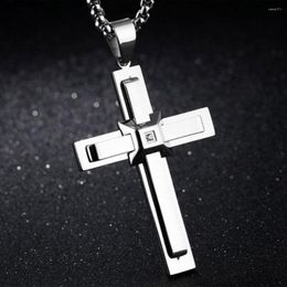 Pendant Necklaces Arrive Christian 316L Stainless Steel Silver Color Crystal Cross Crucifix Necklace Free Box Chain 24" Men's