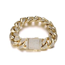 Link Bracelets Chain Hip Hop 19MM 2 Row Heavy Prong Clasp Box Buckle Cubic Zirconia Cuban Bracelet Men White Gold Plated Jewelry