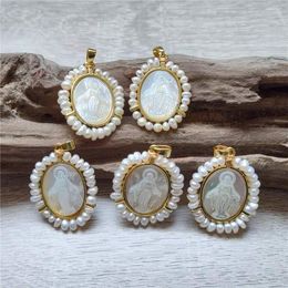 Pendant Necklaces FUWO Natural Pearl Shell Virgin Mary Gold Colour Plated Oval Shape White Accessories For DIY Jewellery Making PD616