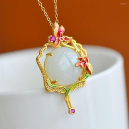 Pendant Necklaces Natural Hetian Jade White Round Egg Surface S925 Silver Plated Personality Enamel Female Elegant Necklace