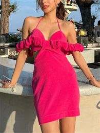 Casual Dresses Women Sexy Halter Neck Off Shoulder Dress Elegant V-neck Backless Lace-up Hollow Out Mini Summer Party Beach Vestido