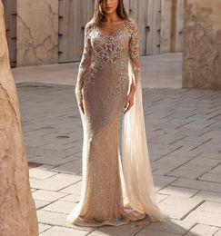 Mermaid Sparkly Prom Dresses Long Sleeves V Neck D Lace Cape Appliques Sequins Floor Length Celebrity Beaded Evening Dress Bridal Gowns Plus Size Custom Made