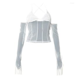 Women's T Shirts Women Sexy Low Cut Halter V-Neck Long Sleeve T-Shirts Cold Shoulder Backless Bodycon See Through Mesh Crop Top Blouses