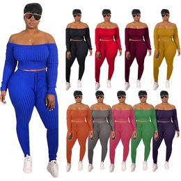 Sexig plus storlek tvåstycken Tracksuits Off Shoulder Crop Top Soe Up Pants Tracksuit Fall Women Clothing Streetwear Matching Set