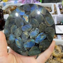 Decorative Figurines Natural Labrador Crystal Quartz Energy Gemstone Disc Gift Room Decoration Reiki Healing 10cm