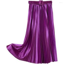 Skirts Streetwear For Women Solid Bright Color Pleated Skirt Elegant Y2k Big Swing A Line Long Belt Faldas Largas Mujer