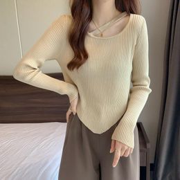 Women's Sweaters Yasuk Spring Autumn Fashion Casual T-Shirts Pullover Slim Tees Simple Soft Knitted Sweater Sexy Irregular Banda