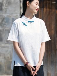 Women's Blouses Johnature Women Chinese Style Cotton Linen Shirts And Tops Stand Short Sleeve Button 2023 Summer Solid Color