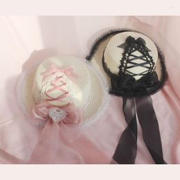 Wide Brim Hats Sweet Lolita Girl Handmade Straw Hat Flat Sun Yarn Bows Trim Mori Cute Twins Ie Black Pink