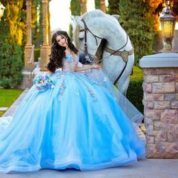 2023 Blue Quinceanera Dresses Lace Applique Embroidery Off The Shoulder Straps Illusion Bodice Corset Back Sweet 16 Party Prom Ball Evening Vestidos 401 401