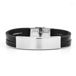 Bangle Personalised Print Blank Curved Tube Double Line Bracelet Men Genuine Leather Black Colour Bracelets Stainless Steel