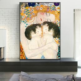 Paintings Famous Posters and Print Mother Love Twins Baby By Gustav Klimt Canvas Painting Wall Art Picture Aesthetic Room Decor Woo