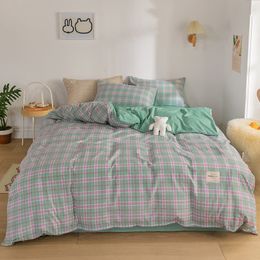 Bedding sets Japanese cream plaid four piece girl heart washing quilt cover cute bed sheet three piece home textile bedding 230228