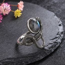 Cluster Rings Snake Shaped Natural Labradorite Ring Silver 10*12MM Turquoise Moonstone Retro Gift for Women Men Fine Jewellery G230228