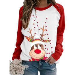 Women's T Shirts Christmas Women Long Sleeve Patchwork Print Casual Round Neck Pullover Female Top Tshirt Oversize