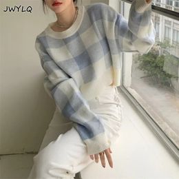 Women's Sweaters Cropped Sweater Korean O-neck Plaid Printing Preppy Style Pullover Sweater Women Simple Sweet Sweaters For Women Student Sweater 230301