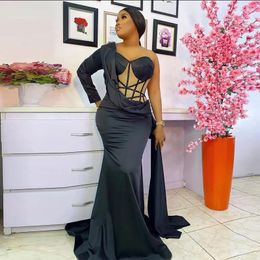 Party Dresses Black Mermaid Elegant Prom One Shoulder Long Sleeves Plus Size Women Formal Evening Gowns Custom Made