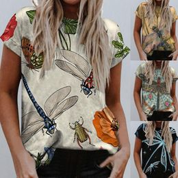 Women's T Shirts 2023 Summer Women's Round Neck T-Shirt Standalone Dragonfly 3D Printed Ladies Fashion (Multi Co