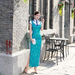 Ethnic Clothing Oversize 5XL Women Short Sleeve Long Dress Silk Qipao Chinese Traditional Vintage Sexy Evening Cheongsam