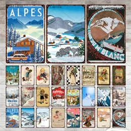 Retro Ski Resort Metal Painting Sign Skiing Travel City Tin Sign Winter Landscape Snow Mountain Plaque Home Bar Club Wall Decor 30X20cm W03