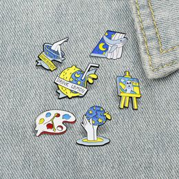 Brooches Blue Starry Sky Art Brooch Palette Clock Whale Window Lemon Apple Wine Cup Drawing Board Lapel Pin Star Moon Badge