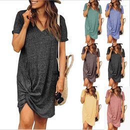 Casual Dresses 9667# 2023 Summer Foreign Trade Cross Border Women's Dress With Flannel Cuffs Round Neck Short Sleeve Side Knot