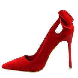 Dress Shoes PLUS Size 34-40 Sexy Cut-Outs Sweet Bowtie Women Pumps Concise Solid Flock Pointed Toe Shallow High Heels For1