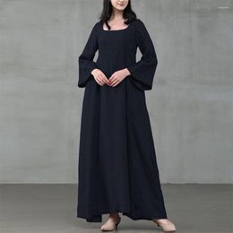 Ethnic Clothing Muslim Plain Kaftans For Women Fashion Square Collar Flared Sleeves Cotton Long Dress Saudi Arabia Islam Feeme Loose Robe