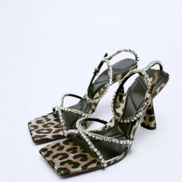 Dress Shoes TRAF 2022 Leopard Heeled Sandals Women Autumn Rhinestone Ankle Strap Party Pumps Female Elegant Sparkly Slingback Heels ShoesL230301