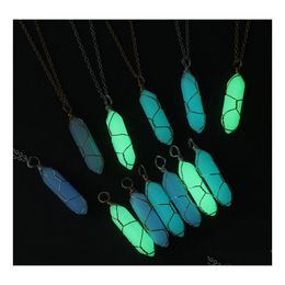 car dvr Pendant Necklaces Hexagonal Cylindrical Crystal Pendum Glow In The Dark Luminous Wire Wrap Stone Necklace Jewelry Gift For Women Men Dh5Bk