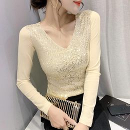 Women's T Shirts 2023 Spring Women's T-Shirt Fashion Casual Long Sleeved Sequined V-neck Mesh Tops Plus Size Female Blusas