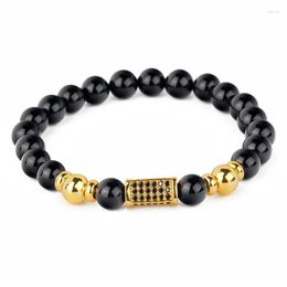 Strand Charm Natural Matte Onyx Stone Bead Inlay Zircon Chunky Rectangle Elastic Hand Chain Bracelet Jewellery Gift For Man