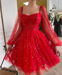 Party Dresses Red Sweet Graduation Sweetheart Tulle Ball Gown Long Sleeves Bling Sequins Short Mini Knee Girls Homecoming Gowns