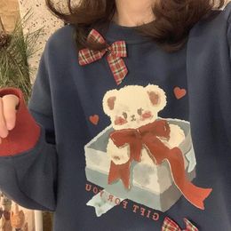 Women's Hoodies Deeptown Kawaii Korean Style Bear Cartoon Print Oversize Women Blue Harajuku Cute Long Sleeve Pullover Female Sweatshirt