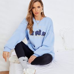 Womens Hoodies Sweatshirts Sky Blue Oversized Fleece Korean Style Cotton Long Sleeve Pullover Round Neck Cute Bear Graphic For Women 230301