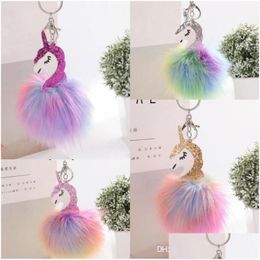 Stuffed Plush Animals Horse Toy Cute Metal Key Chain Pendant Women Fluffy Fur Keyring Bag Hang Drop Delivery Toys Gifts Dhpme