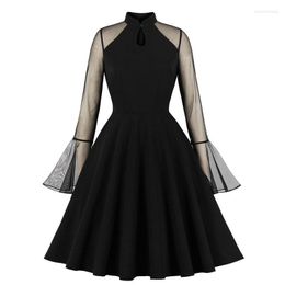 Casual Dresses Black Women Flare Sleeve Mesh Keyhole Elegant Ladies Party Knee Length A Line Skater Dress